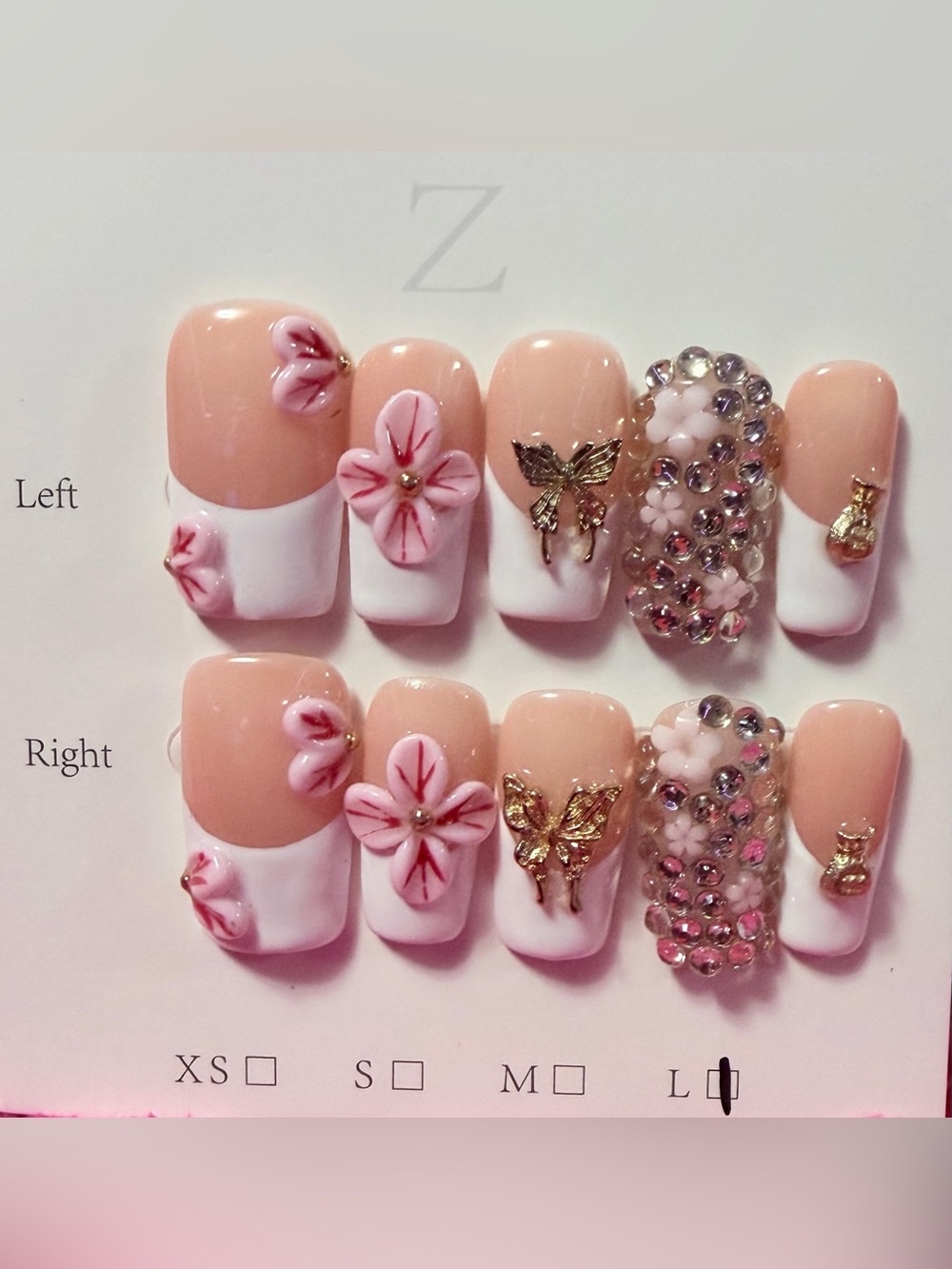 Elegant Pink Floral Rhinestone Press-On Nail Set by